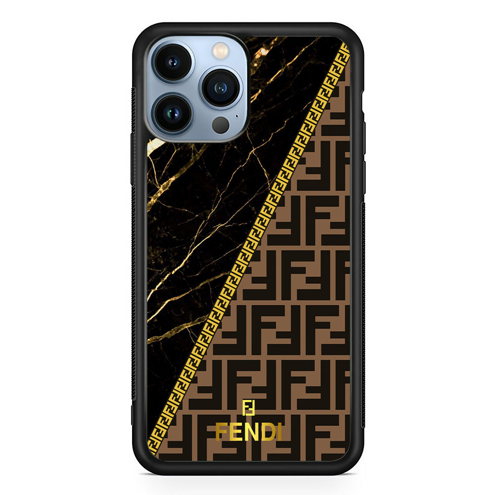 Fendi Patern Marble Gold iPhone 13 Pro Case-Rubber Black (2D Case)-Oxvistore