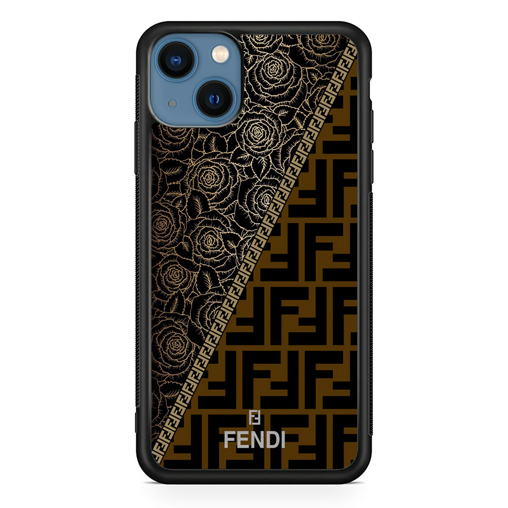 Fendi Slices Black Rose iPhone 13 Case-Rubber Black (2D Case)-Oxvistore