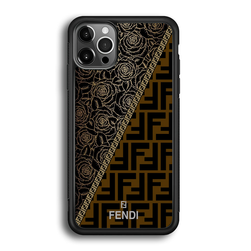 Fendi Slices Black Rose iPhone 12 Pro Case-Rubber Black (2D Case)-Oxvistore