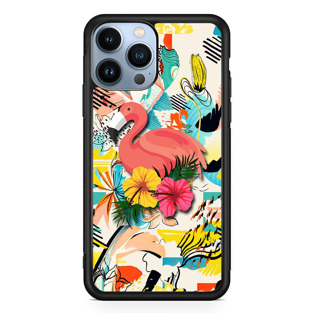 Flamingo Perch on Flower iPhone 14 Pro Max Case-Rubber Black (2D Case)-Oxvistore