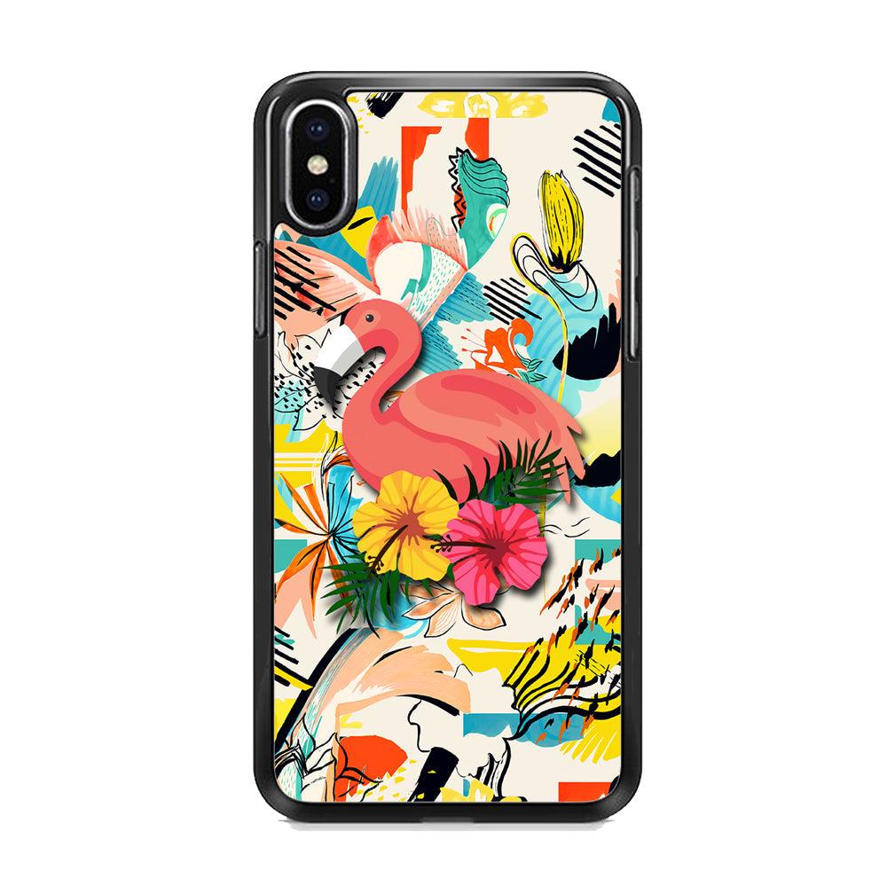 Flamingo Perch on Flower iPhone X Case-Rubber White (2D Case)-Oxvistore