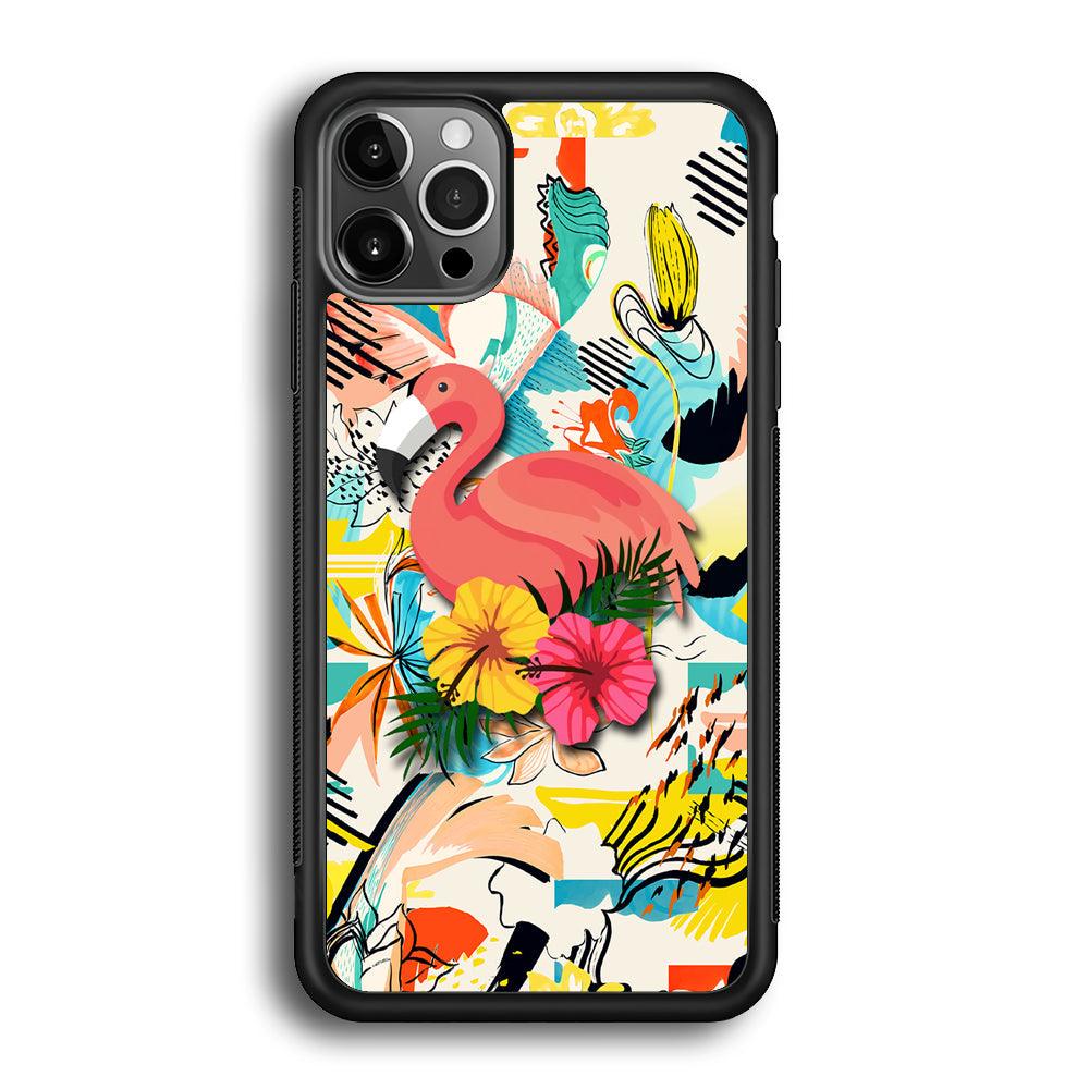 Flamingo Perch on Flower iPhone 12 Pro Case-Rubber Black (2D Case)-Oxvistore