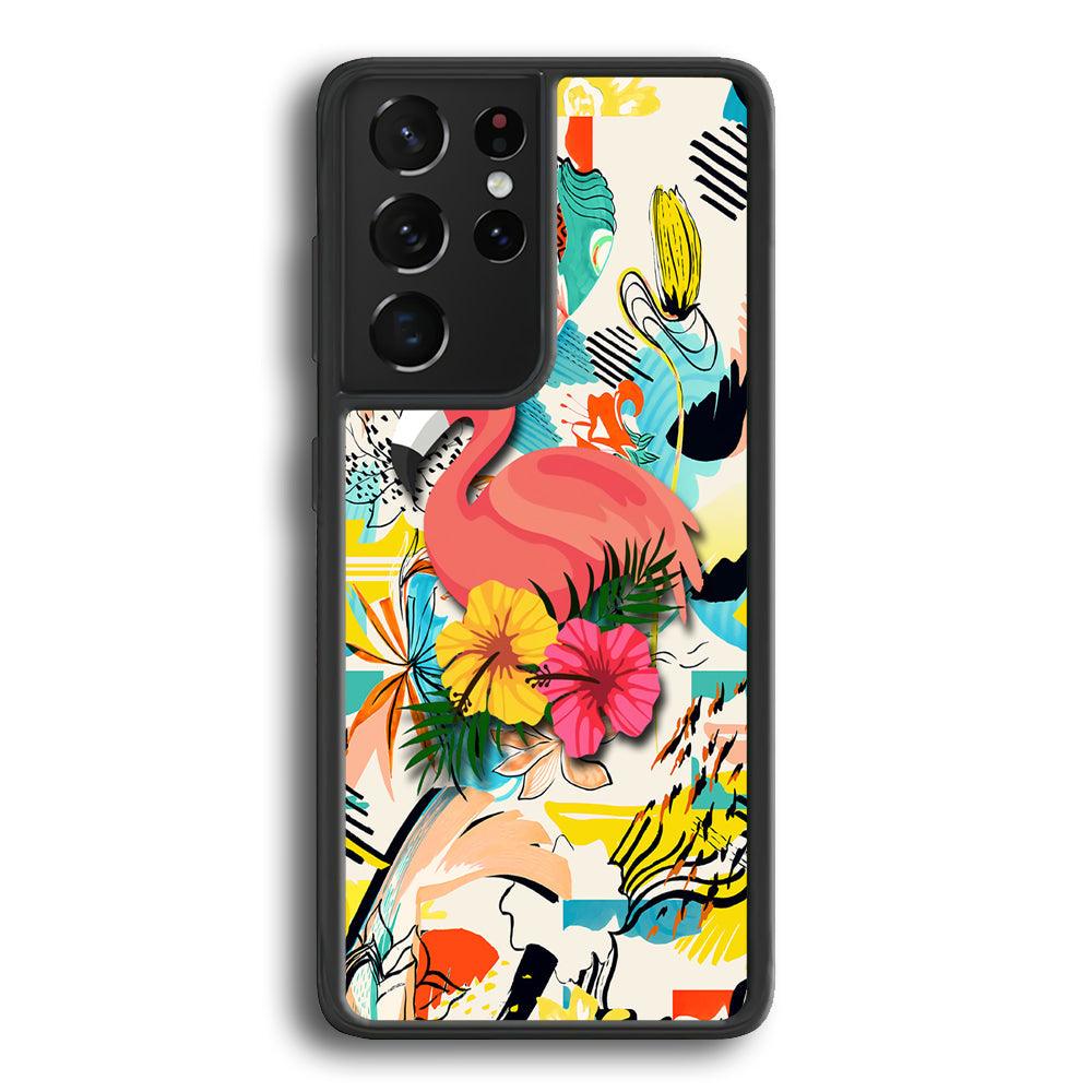 Flamingo Perch on Flower Samsung Galaxy S21 Ultra Case-Rubber Black (2D Case)-Oxvistore