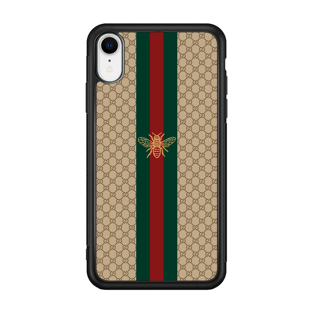 Gucci Latte Wall Stripe Bee Logo iPhone XR Case-Rubber Black (2D Case)-Oxvistore