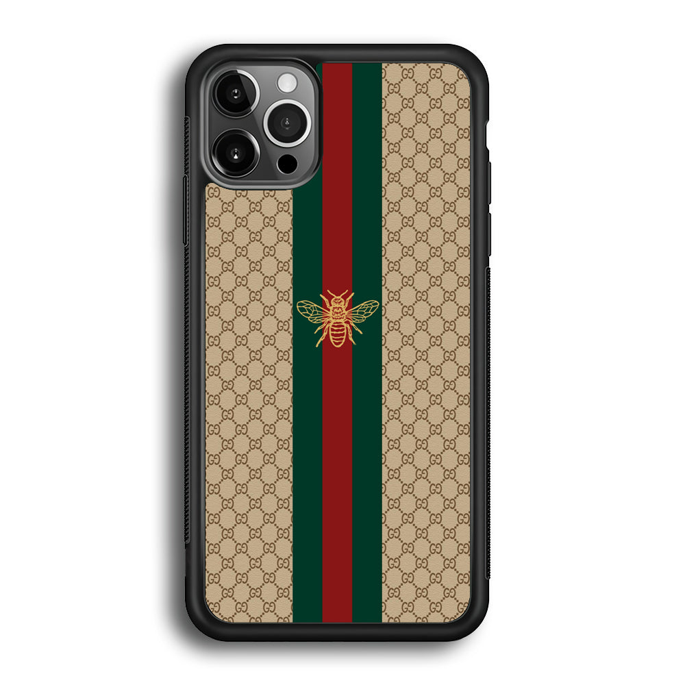 Gucci Latte Wall Stripe Bee Logo iPhone 12 Pro Max Case-Rubber Black (2D Case)-Oxvistore
