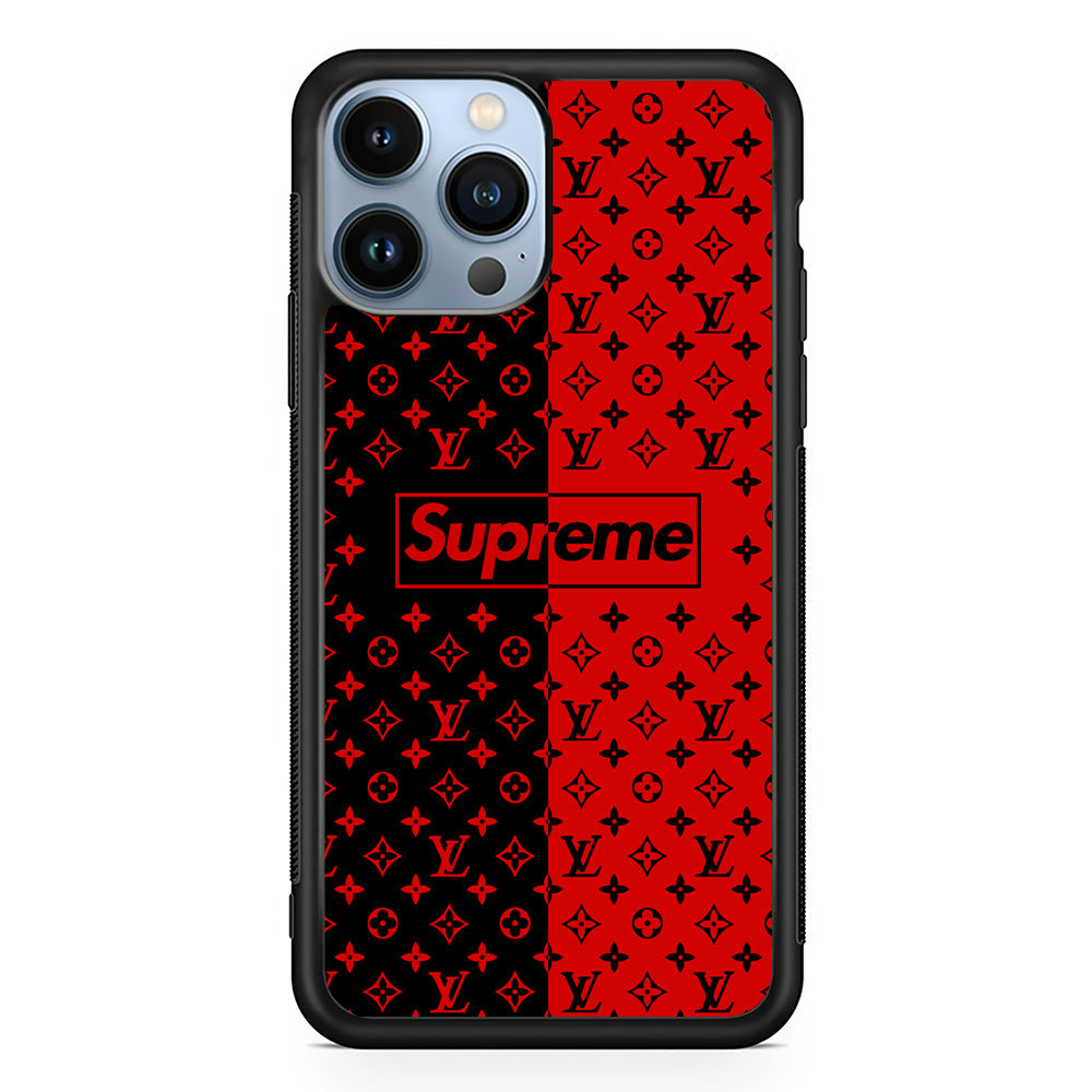 Louis Vuitton X Supreme Red Black iPhone 13 Pro Max Case-Rubber White (2D Case)-Oxvistore