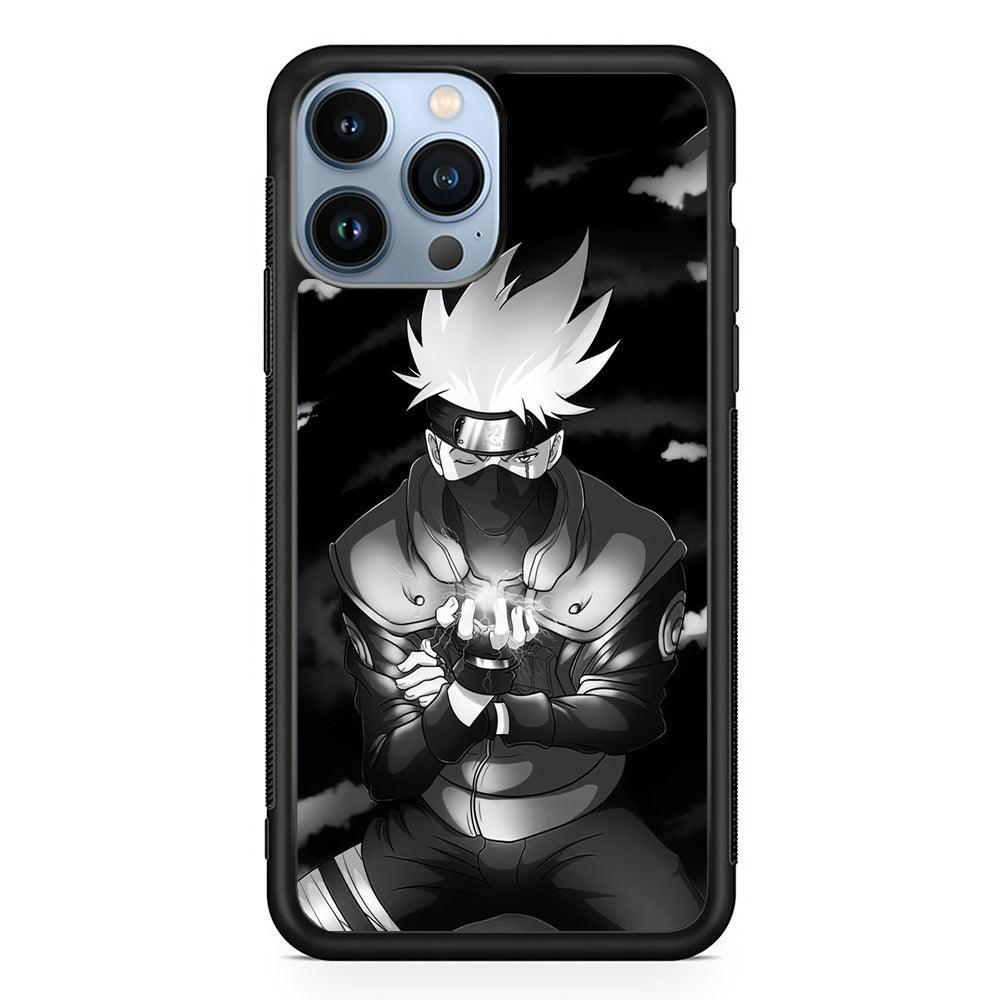Naruto B&W Kakashi Chidori iPhone 15 Pro Case-Rubber White (2D Case)-Oxvistore