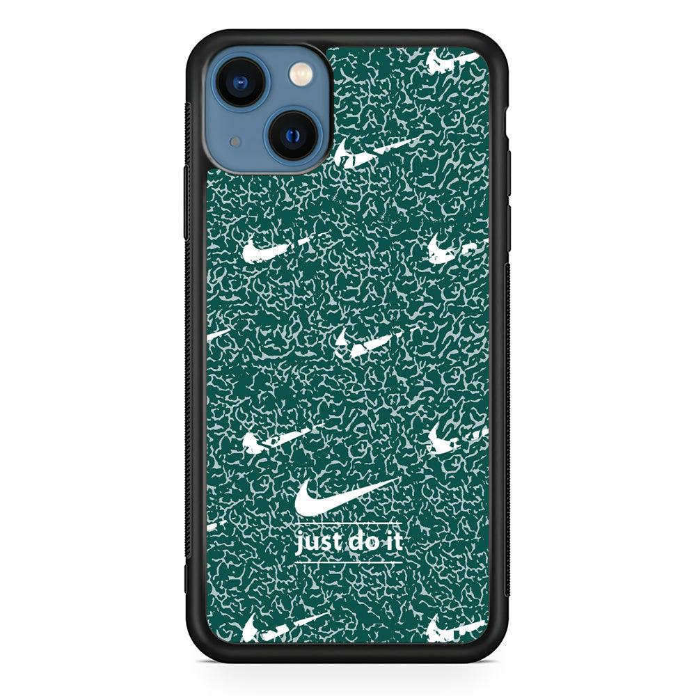 Nike White in Green Patern iPhone 13 Case-Rubber Black (2D Case)-Oxvistore