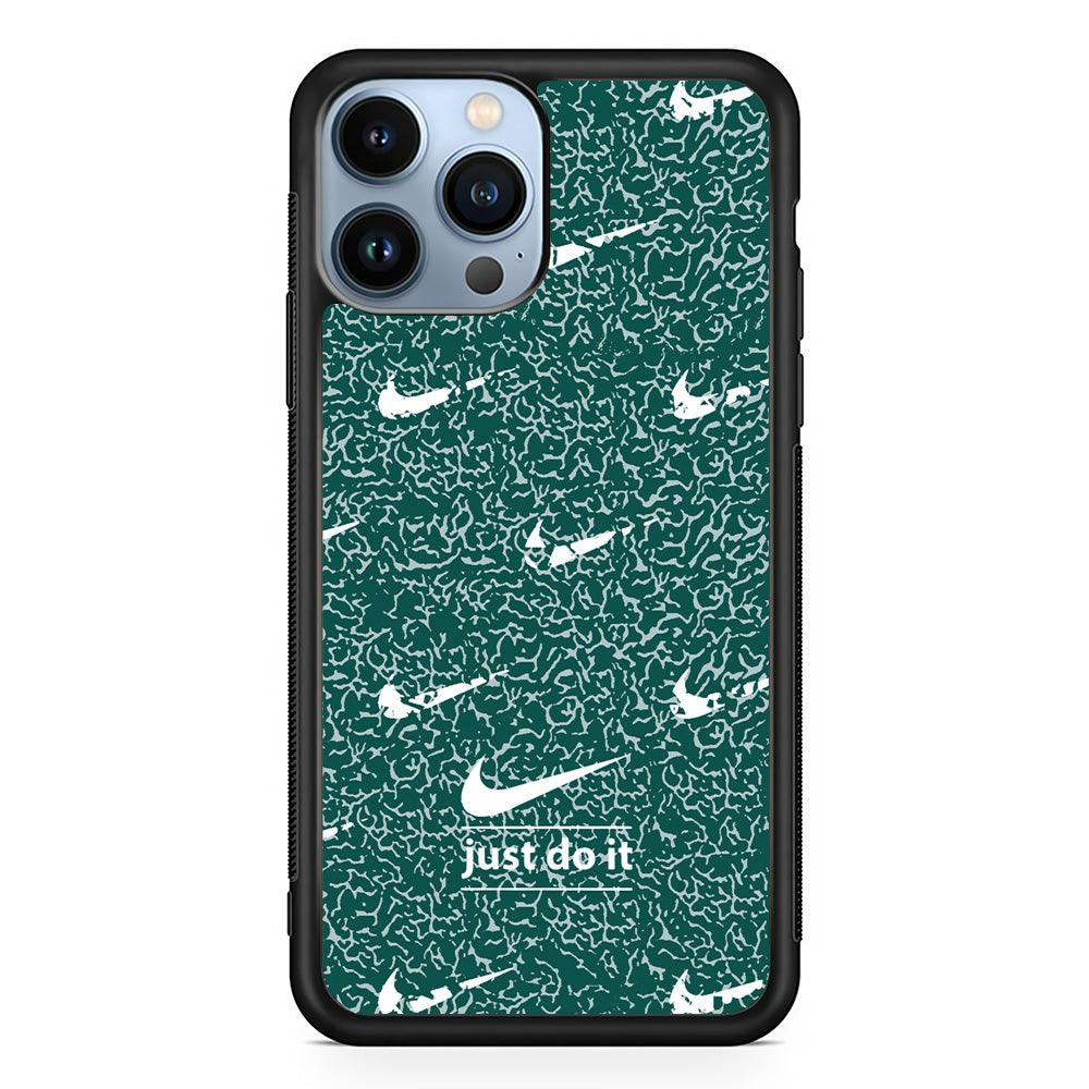 Nike White in Green Patern iPhone 14 Pro Max Case-Rubber Black (2D Case)-Oxvistore