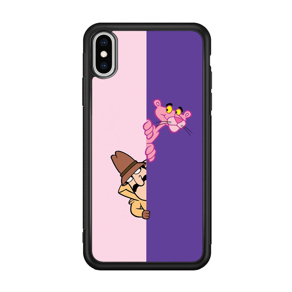 Pink Panther Hide and Seek with Detective iPhone XS Case-Rubber Black (2D Case)-Oxvistore