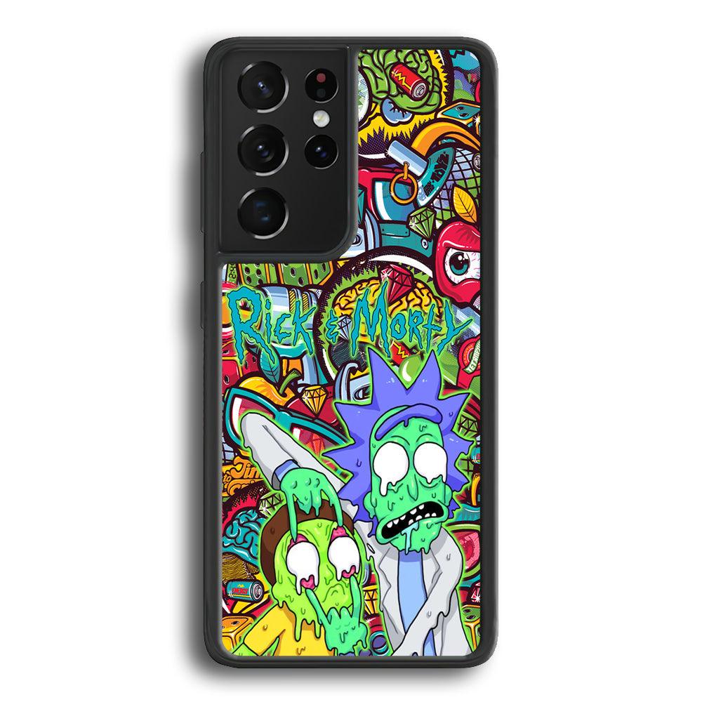 Rick and Morty Melt in Doodle Samsung Galaxy S22 Ultra Case-Rubber Black (2D Case)-Oxvistore
