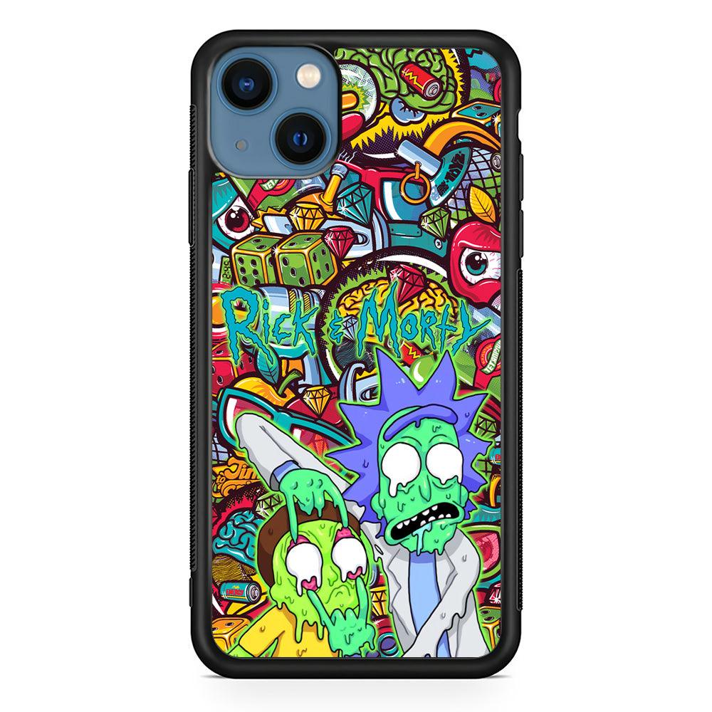 Rick and Morty Melt in Doodle iPhone 14 Case-Rubber White (2D Case)-Oxvistore