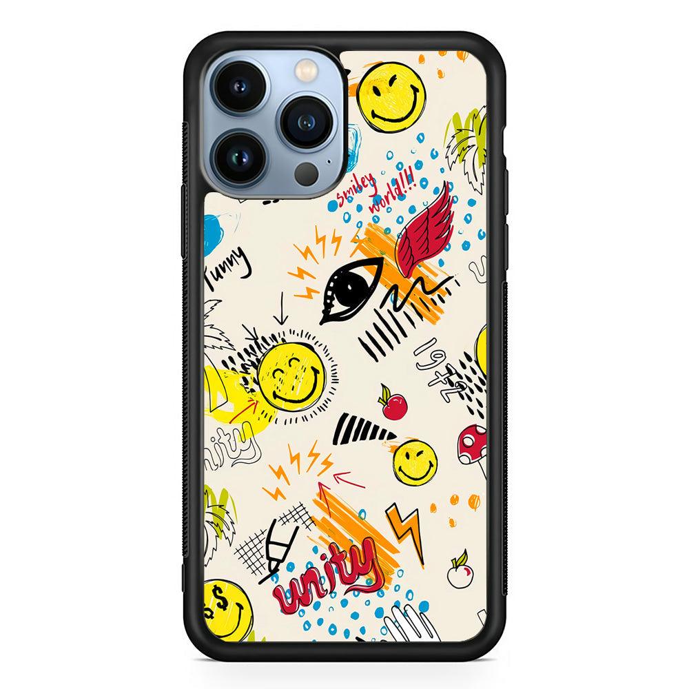 Smiley World Abstract Drawing iPhone 14 Pro Max Case-Rubber Black (2D Case)-Oxvistore