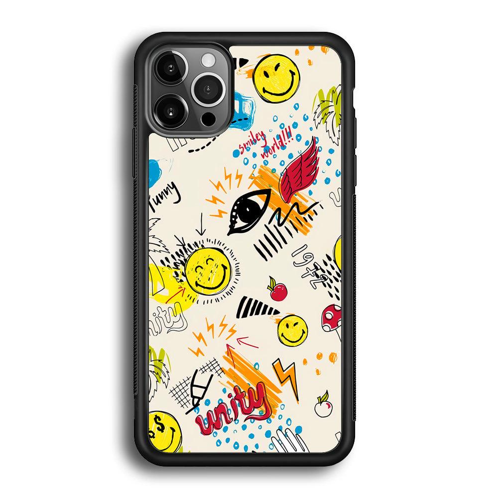 Smiley World Abstract Drawing iPhone 12 Pro Case-Rubber Black (2D Case)-Oxvistore