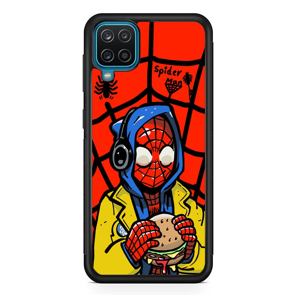 Spiderman Lunch with Burger Samsung Galaxy A12 Case-Rubber Black (2D Case)-Oxvistore