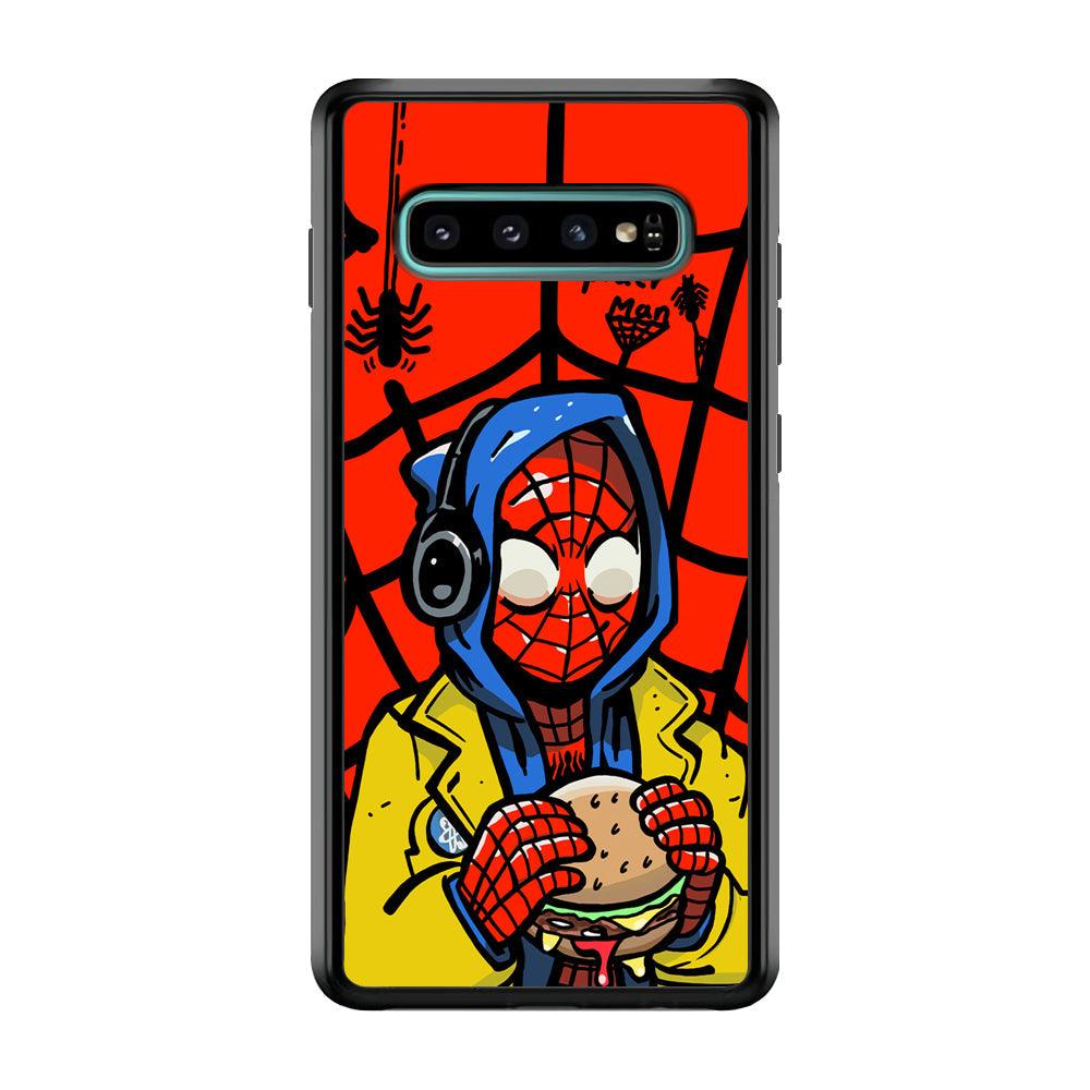 Spiderman Lunch with Burger Samsung Galaxy S10 Case-Rubber Black (2D Case)-Oxvistore