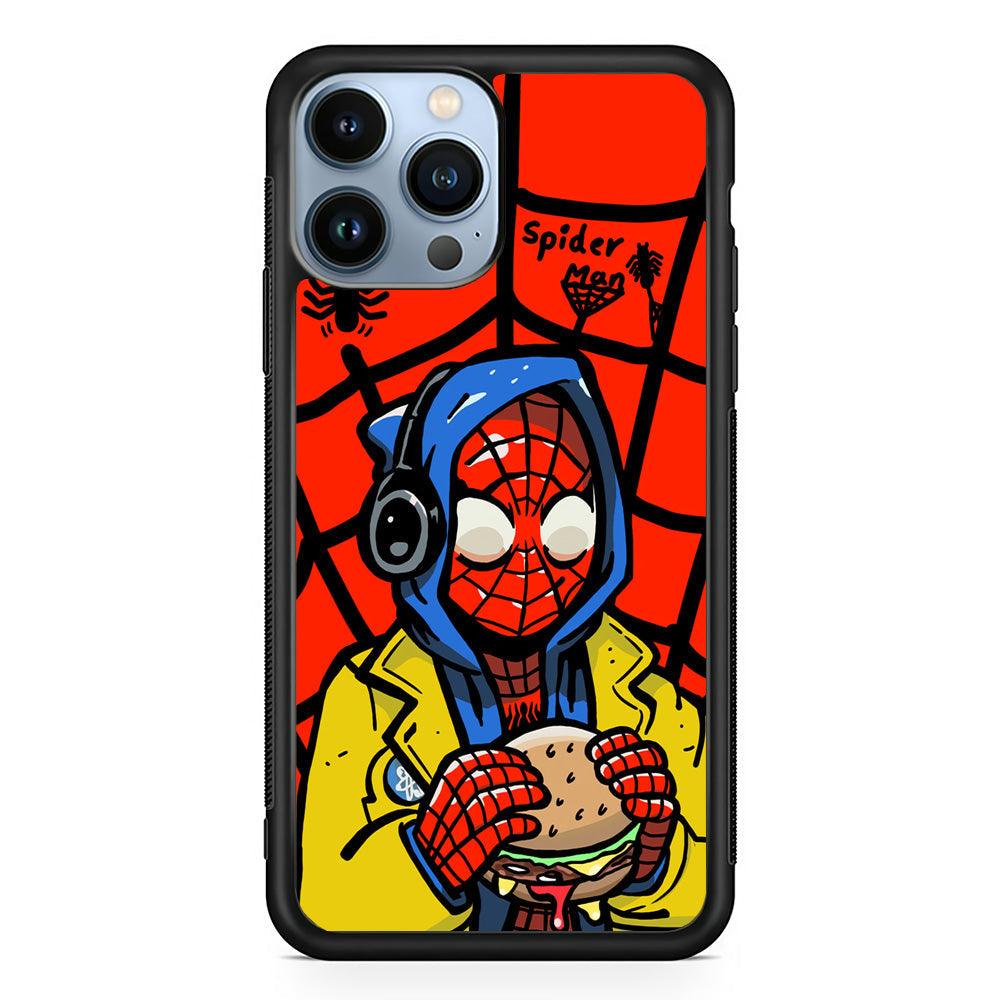 Spiderman Lunch with Burger iPhone 14 Pro Max Case-Rubber Black (2D Case)-Oxvistore