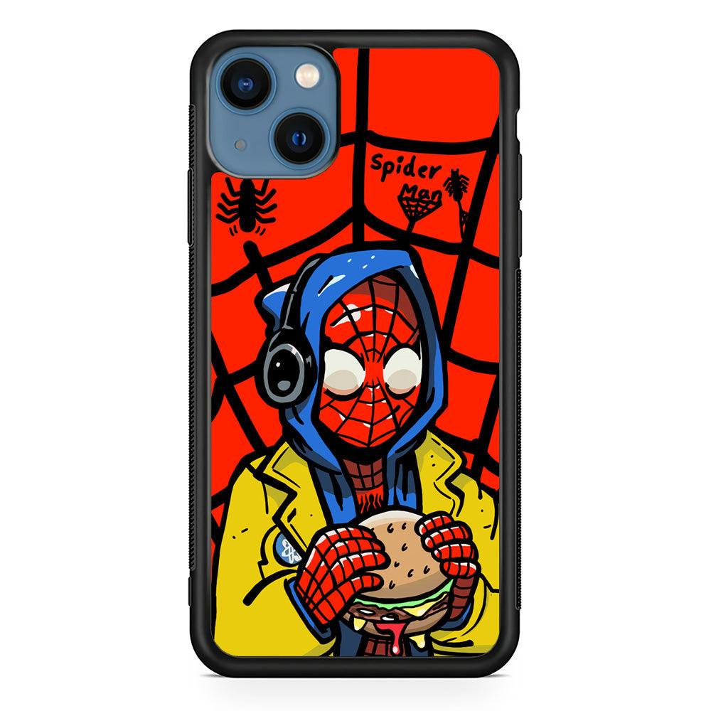 Spiderman Lunch with Burger iPhone 14 Plus Case-Rubber Black (2D Case)-Oxvistore