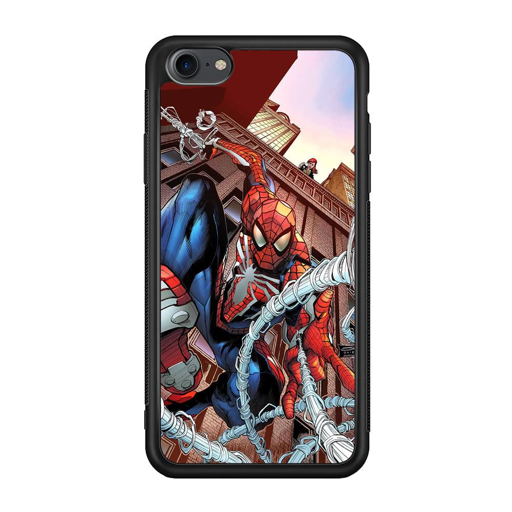 Spiderman Rooftop Photo iPhone 8 Case-Rubber Black (2D Case)-Oxvistore