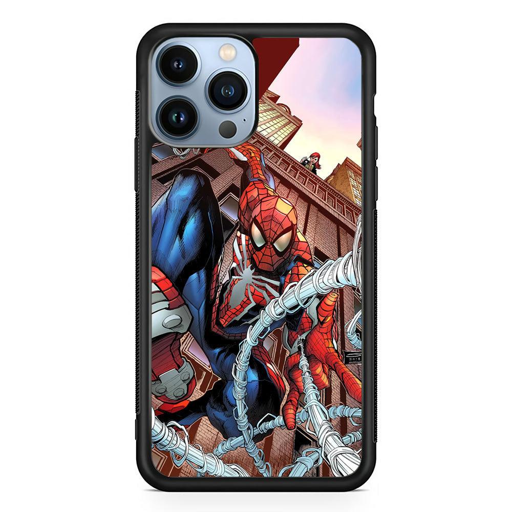 Spiderman Rooftop Photo iPhone 15 Pro Case-Rubber Black (2D Case)-Oxvistore