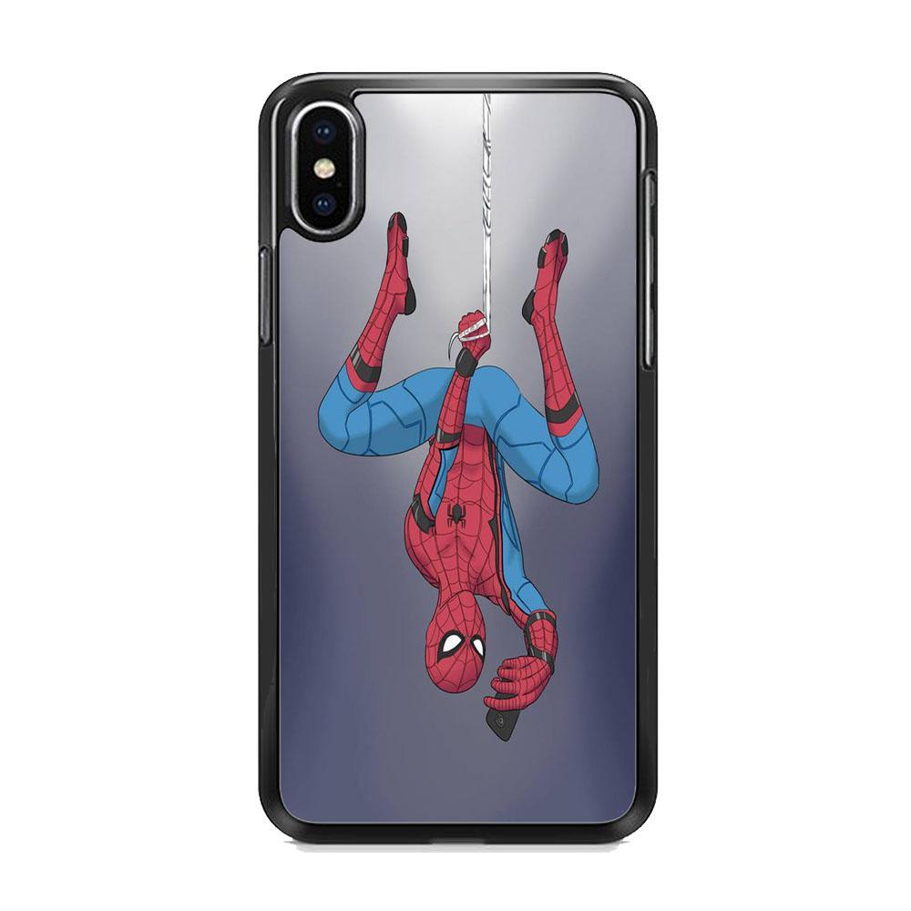 Spiderman Selfie While Hanging iPhone XS Case-Rubber Black (2D Case)-Oxvistore