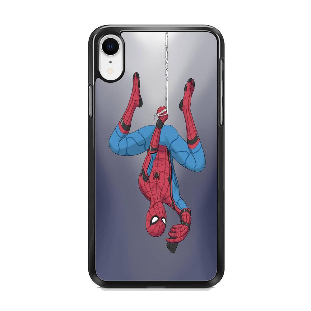 Spiderman Selfie While Hanging iPhone XR Case-Rubber Black (2D Case)-Oxvistore