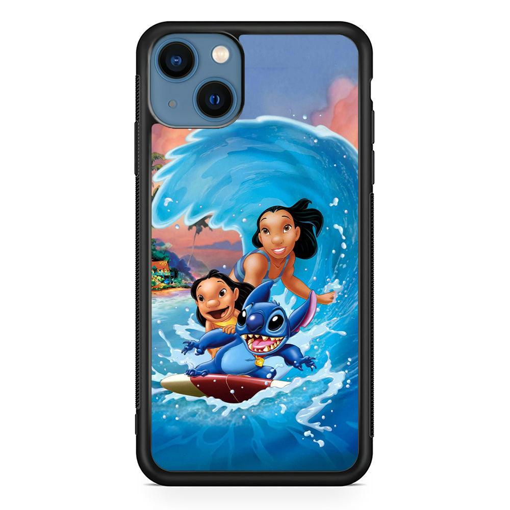 Stitch Great Wave from The Sea iPhone 15 Case-Rubber Black (2D Case)-Oxvistore