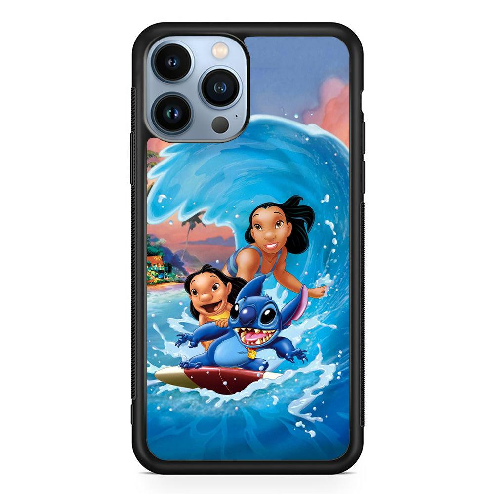 Stitch Great Wave from The Sea iPhone 15 Pro Max Case-Rubber Black (2D Case)-Oxvistore