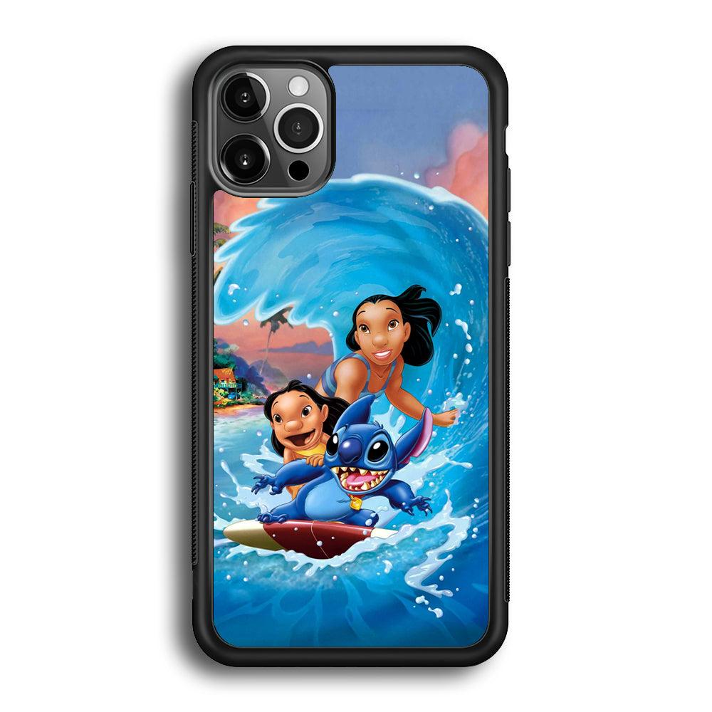 Stitch Great Wave from The Sea iPhone 12 Pro Max Case-Rubber Black (2D Case)-Oxvistore