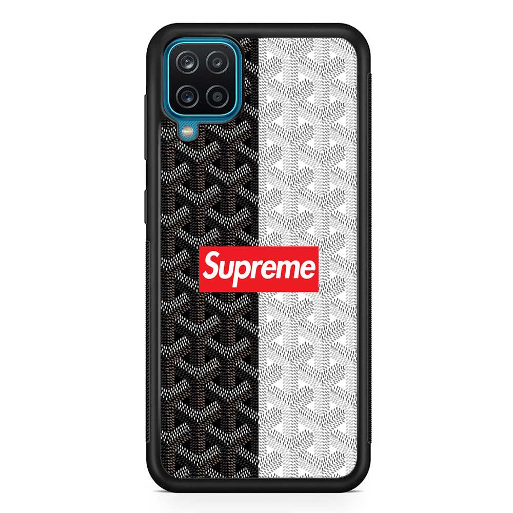 Supreme Black White Pattern Samsung Galaxy A12 Case-Rubber Black (2D Case)-Oxvistore