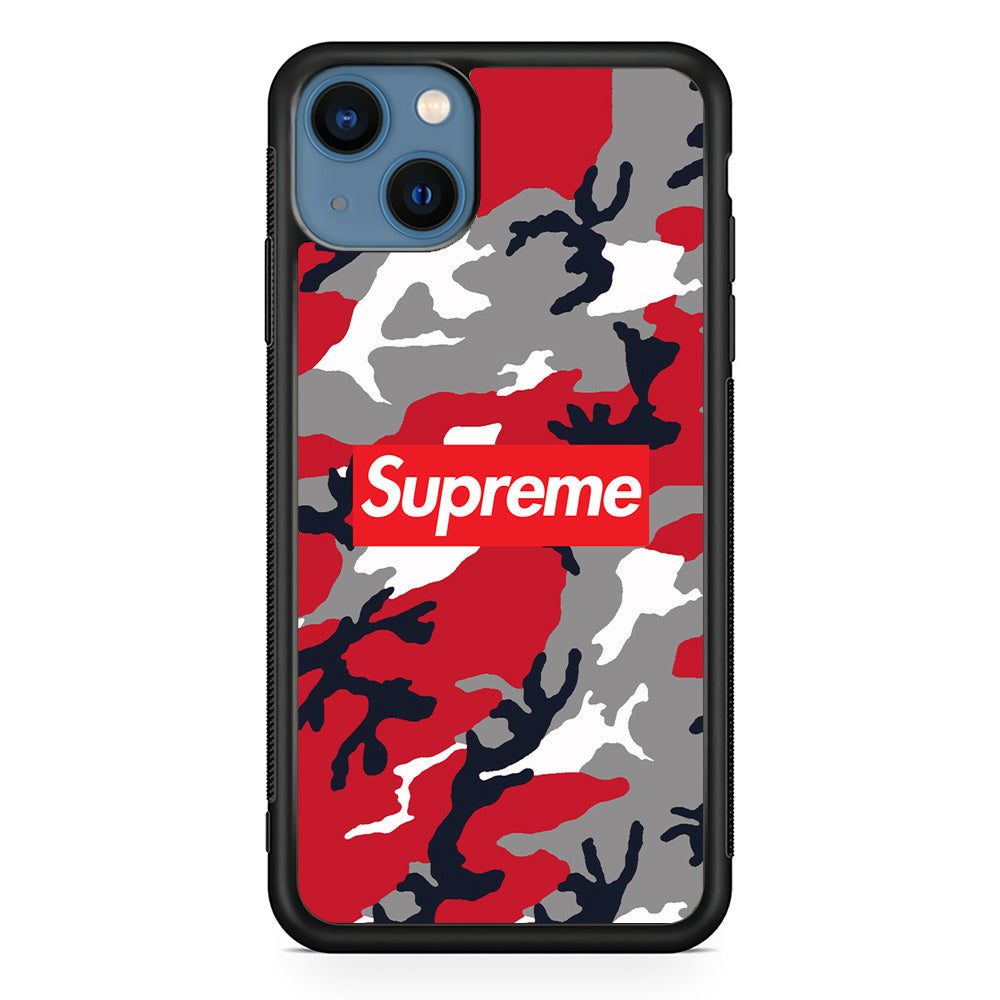 Supreme Camo Red iPhone 14 Plus Case-Rubber Black (2D Case)-Oxvistore