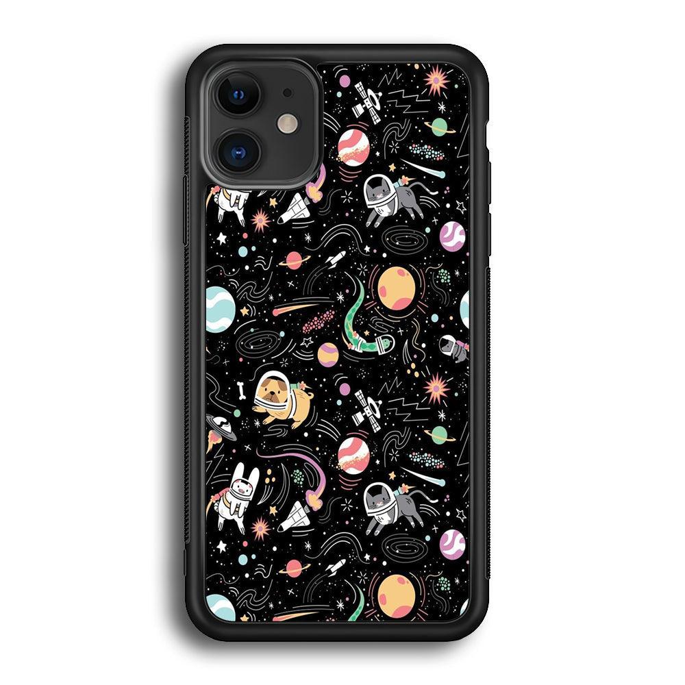 Universe Pets Playing Space iPhone 12 Case-Rubber Black (2D Case)-Oxvistore