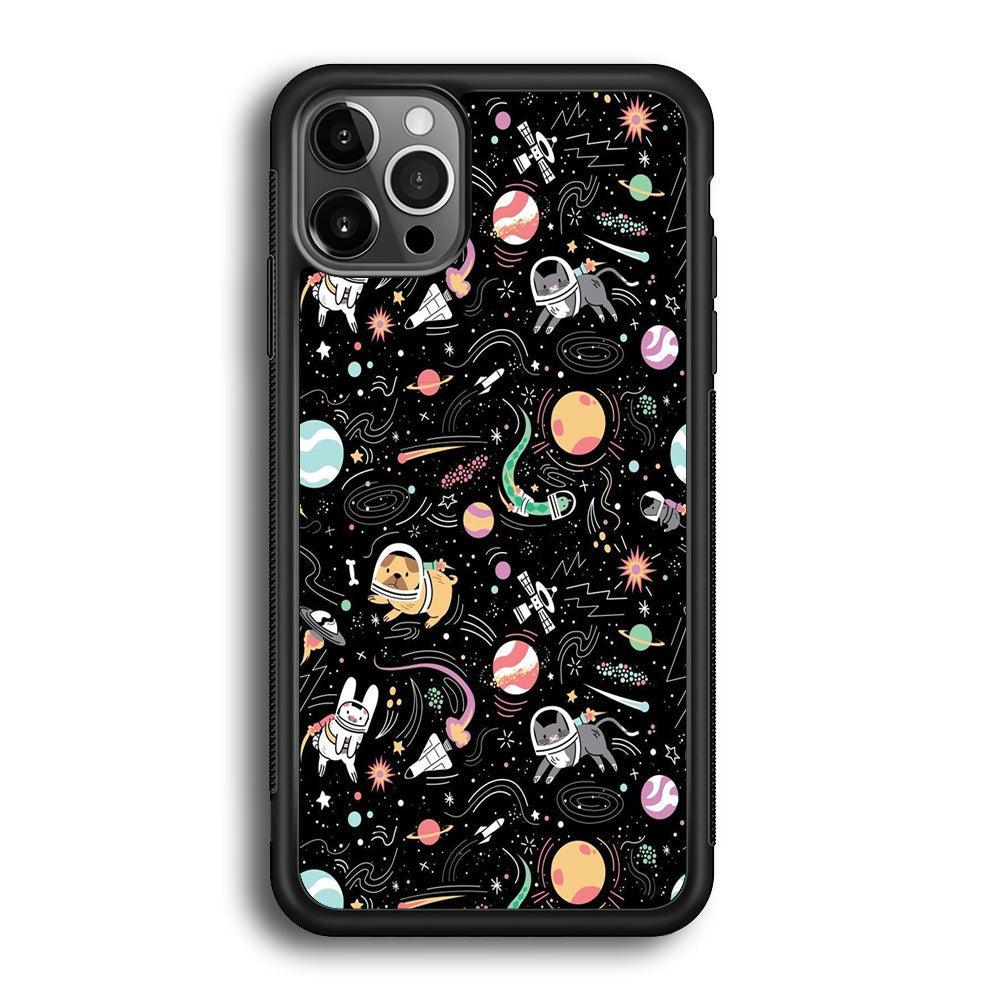 Universe Pets Playing Space iPhone 12 Pro Case-Rubber Black (2D Case)-Oxvistore