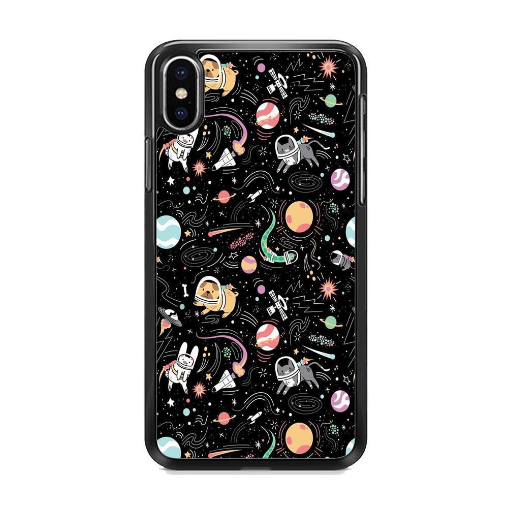 Universe Pets Playing Space iPhone XS Case-Rubber Black (2D Case)-Oxvistore