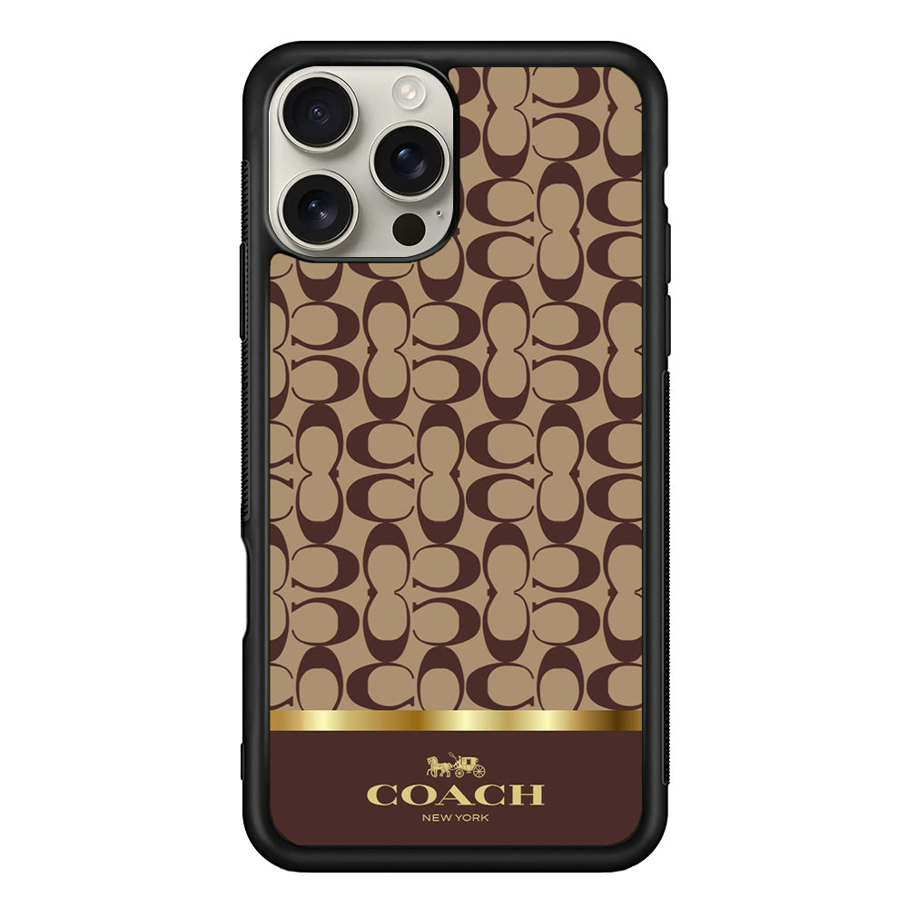 Coach Brown Gold Line iPhone 16 Pro Max Case | Slim Rubber Case for iPhone 16 Pro Max