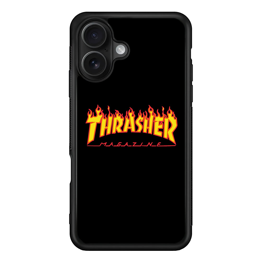 Thrasher Magazine Black Simple Fire iPhone 16 Case | Slim Rubber Case for iPhone 16