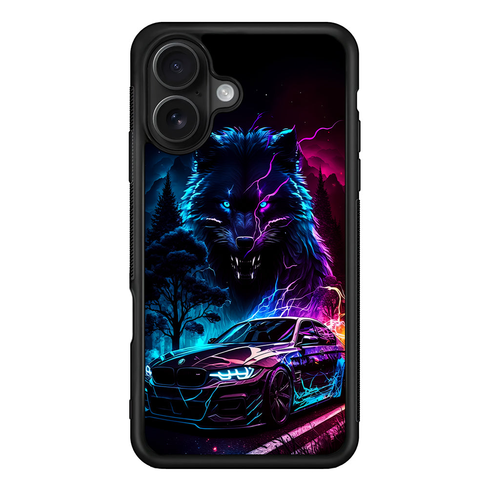 Neon Wolf and Car Northern iPhone 16 Case - Oxvistore