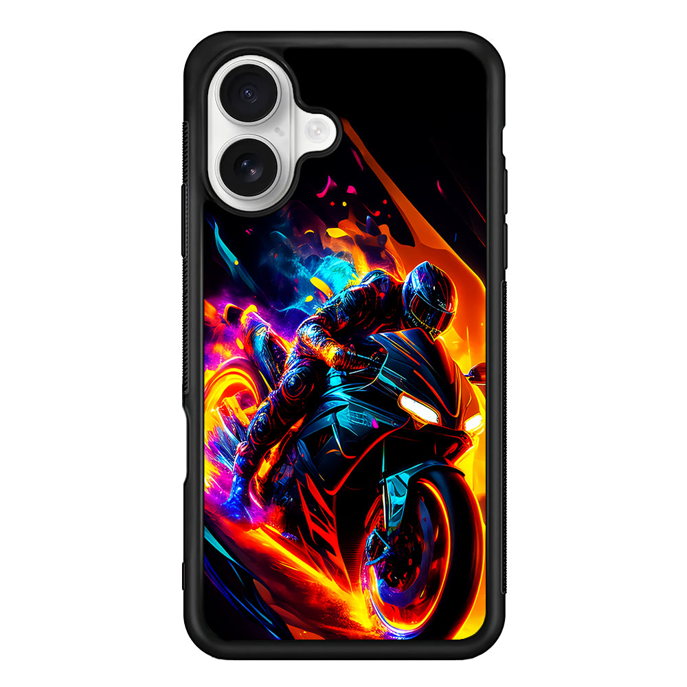 The Neon Cyber Ride Motorbike iPhone 16 Plus Case | Durable Protective Rubber Cover