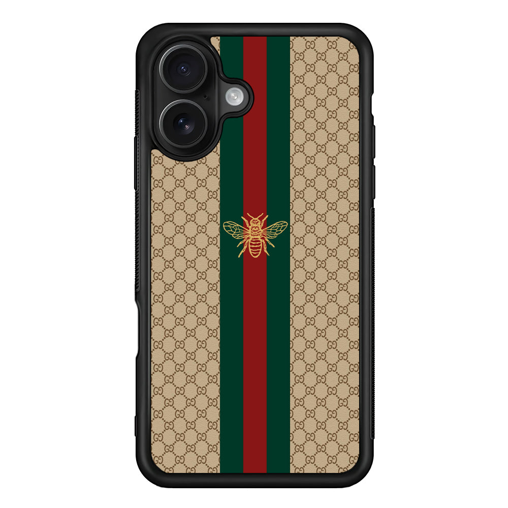 Gucci Latte Wall Stripe Bee Logo iPhone 16 Case | Slim Rubber Case for iPhone 16