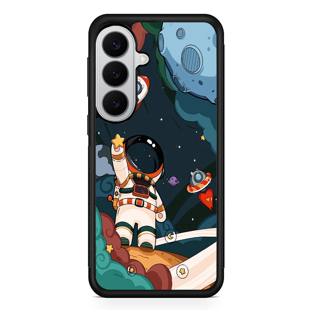 Cartoon Astronaut Holding Up a Star Samsung Galaxy S26 Case | Protective Rubber Cover