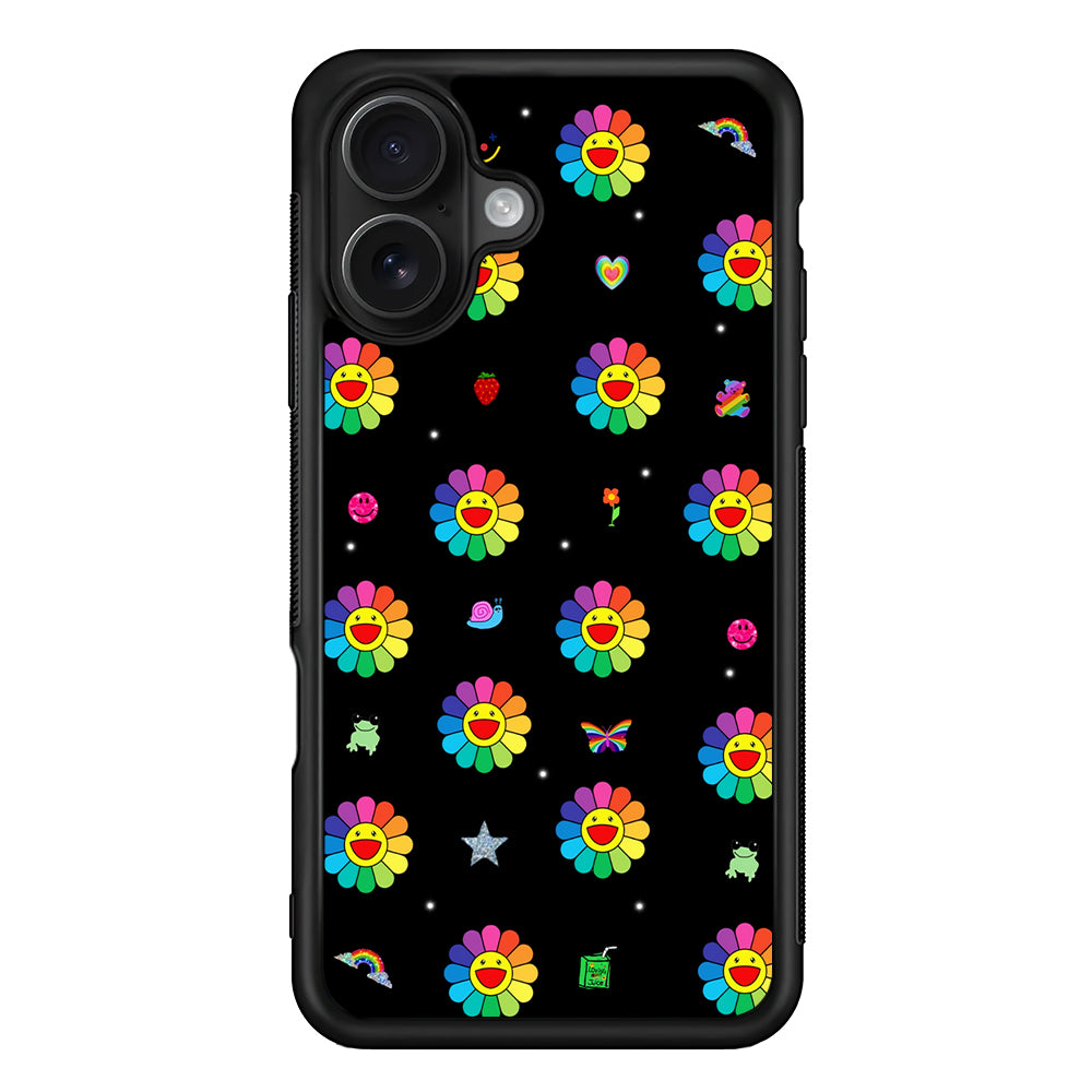 Smile on Rainbow Flower Black iPhone 16 Case - Oxvistore
