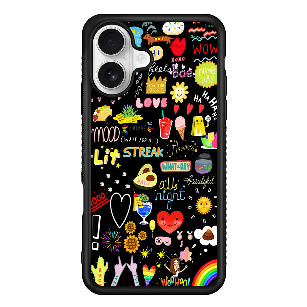 Random Cute Sticker Doodle Dark iPhone 16 Plus Case | Durable Protective Rubber Cover