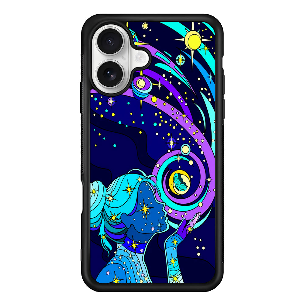 A Woman Blowing Kisses to Planets iPhone 16 Plus Case | Durable Protective Rubber Cover