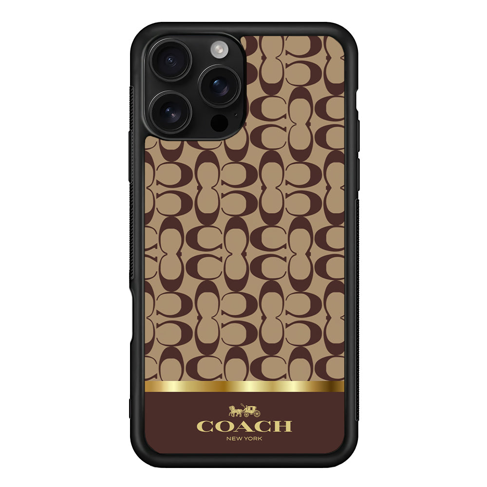Coach Brown Gold Line iPhone 16 Pro Case | Slim Rubber Case for iPhone 16 Pro