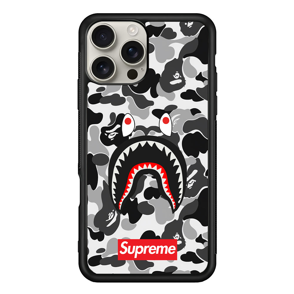 Bape Supreme Black Camo iPhone 16 Pro Max Case | Slim Rubber Case for iPhone 16 Pro Max