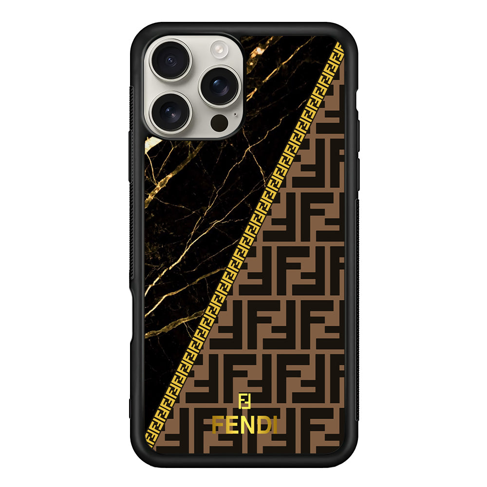 Fendi Patern Marble Gold iPhone 16 Pro Max Case | Slim Rubber Case for iPhone 16 Pro Max