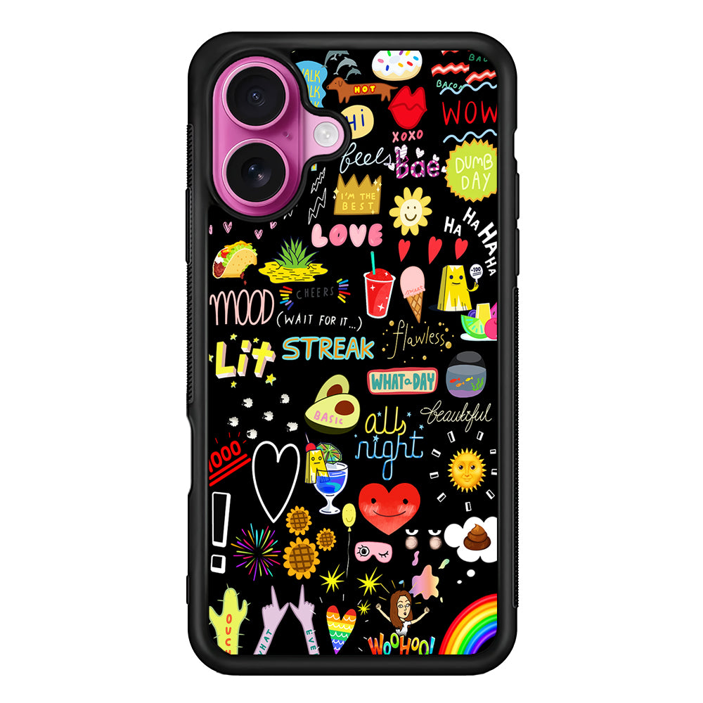 Random Cute Sticker Doodle Dark iPhone 17 Case | Slim Protective Rubber Phone Cover