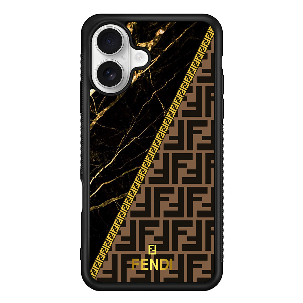 Fendi Patern Marble Gold iPhone 16 Plus Case | Slim Rubber Case for iPhone 16 Plus