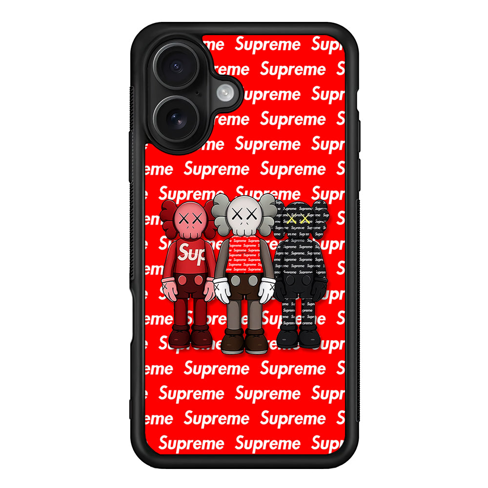 Three Kaws X Supreme Background iPhone 16 Case | Slim Rubber Case for iPhone 16