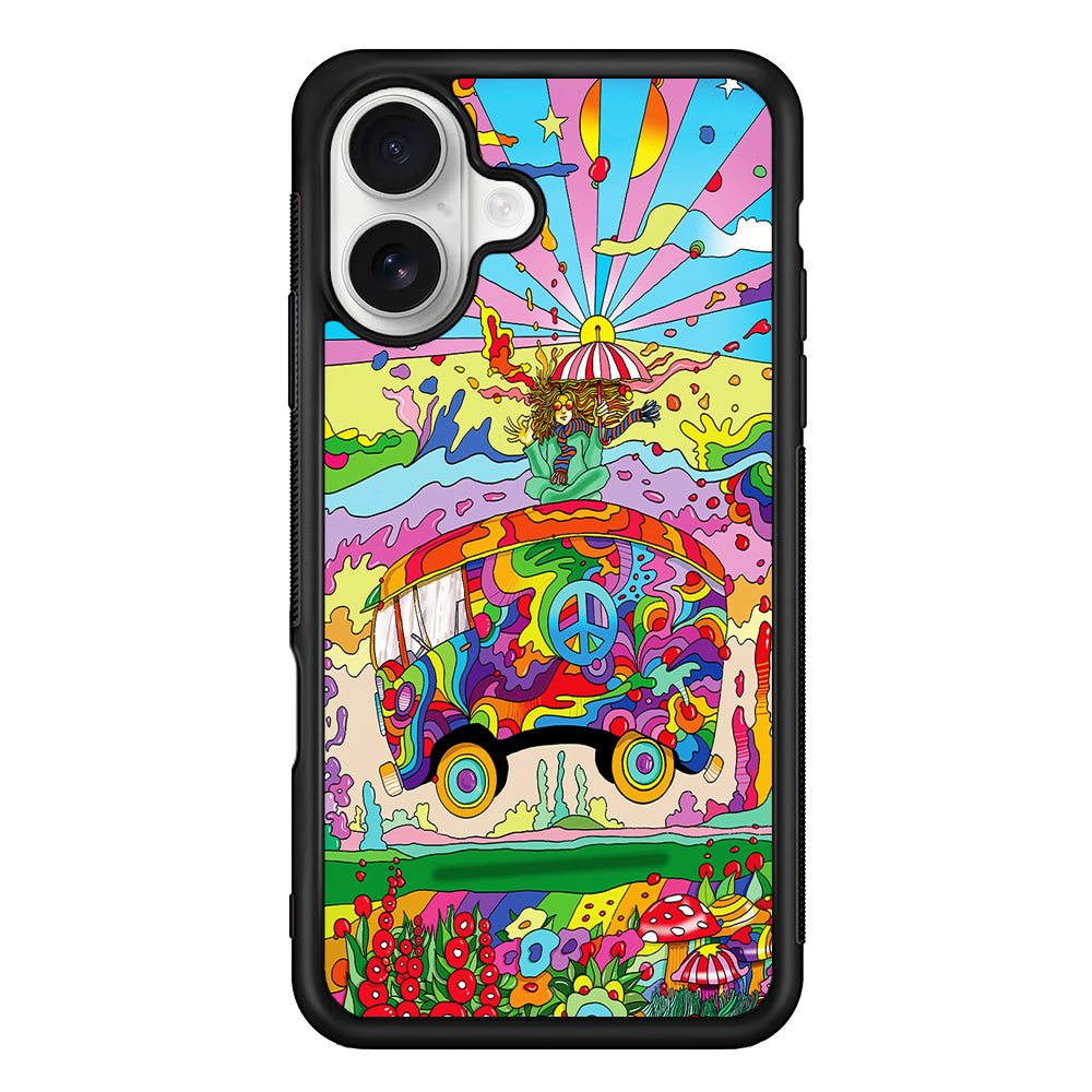 Hippie Trippy Van Rainbow iPhone 16 Plus Case | Durable Protective Rubber Cover